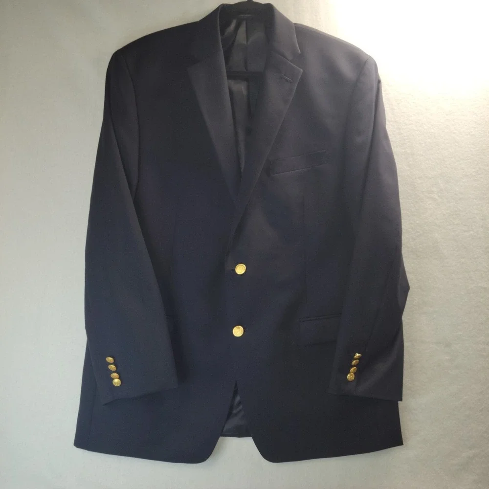 Chaps Mens Navy Blue Blazer Gold Crest Buttons Two Button Suit Jacket Sport Coat